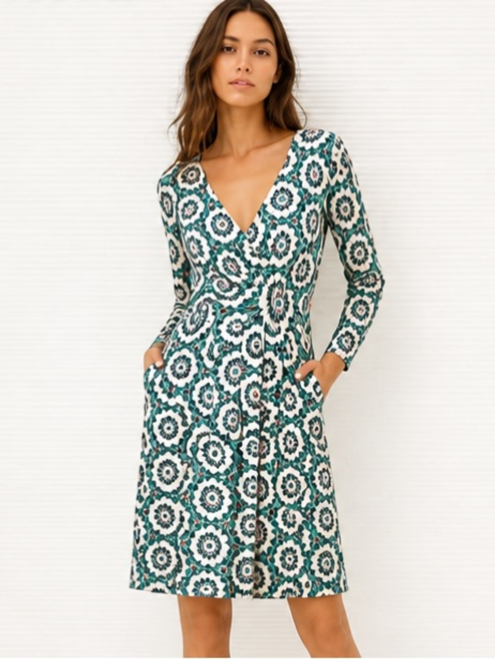 BODEN Dress Pleated V Neckline Medallion Fit Flare Green Pink White Long Sleeve